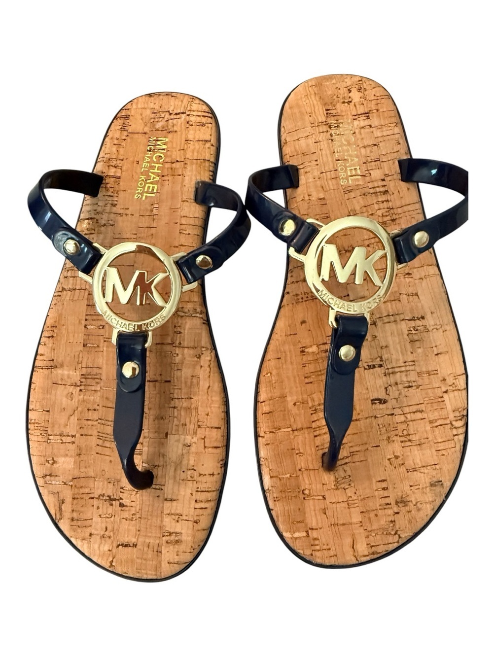 Michael Kors Navy & Gold MK Logo Cork-Style Thong Sandals beach summer luxury 7